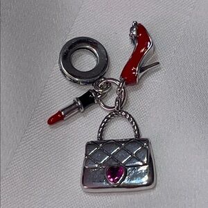 Pandora Sterling Silver Charm Pendant w/Red High Heel Shoe, Lipstick & a Purse